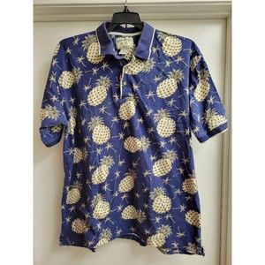 Bamboo Cay Fine Resortwear Blue Hawaiian Pineapple Print Polo Shirt Men's Sz XL